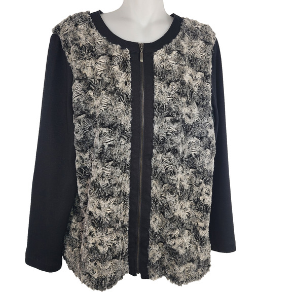 Alfred Dunner Sweaters - Alfred Dunner Womens Faux Fur Cardigan Sweater Full Zip Size 12 Black Abstract